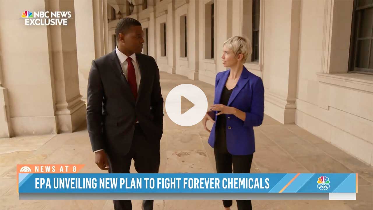 NBC News reporter speaking with administrator with headline ‘EPA unveiling new plan to fight forever chemicals’