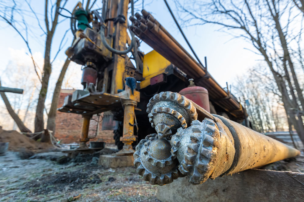 well-drilling rotary drill bit lying next to well-drilling rig