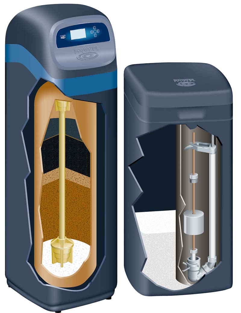 cutaway drawing  of an ecowater ECR 3702 water conditioner system  Mobile: place between Physical Filtration and Chemical filtration