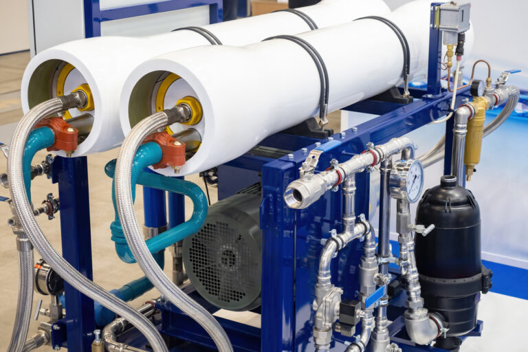 Industrial filtration equipment. Process of water desalination. Production machine with cylinders for filtration. Desalination water for industrial purposes. Water filtration technologies in factory